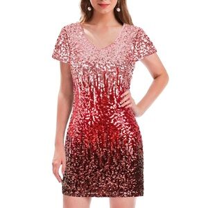 MANER Women's Sequin Glitter Short Sleeve Dress Sexy V Neck Mini Bodycon Dresses